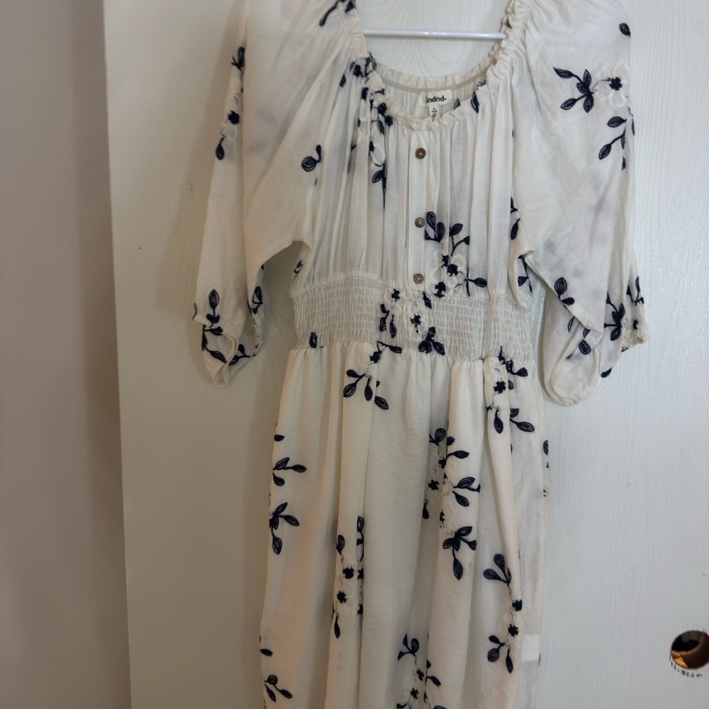 White Dress with Navy Floral Pattern